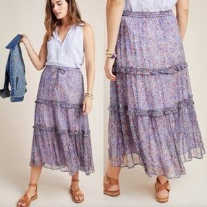 Anthropologie Floral Tiered Midi Skirt Size 8 Purple Lavender Fall Boho Chic